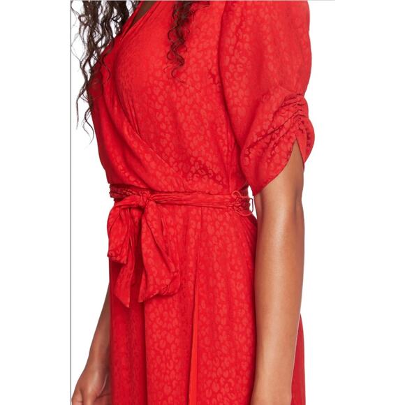 1. State Red Animal Print Short Sleeve Wrap Mini Dress Sz 12 Cherry Red Leopard - Picture 2 of 5